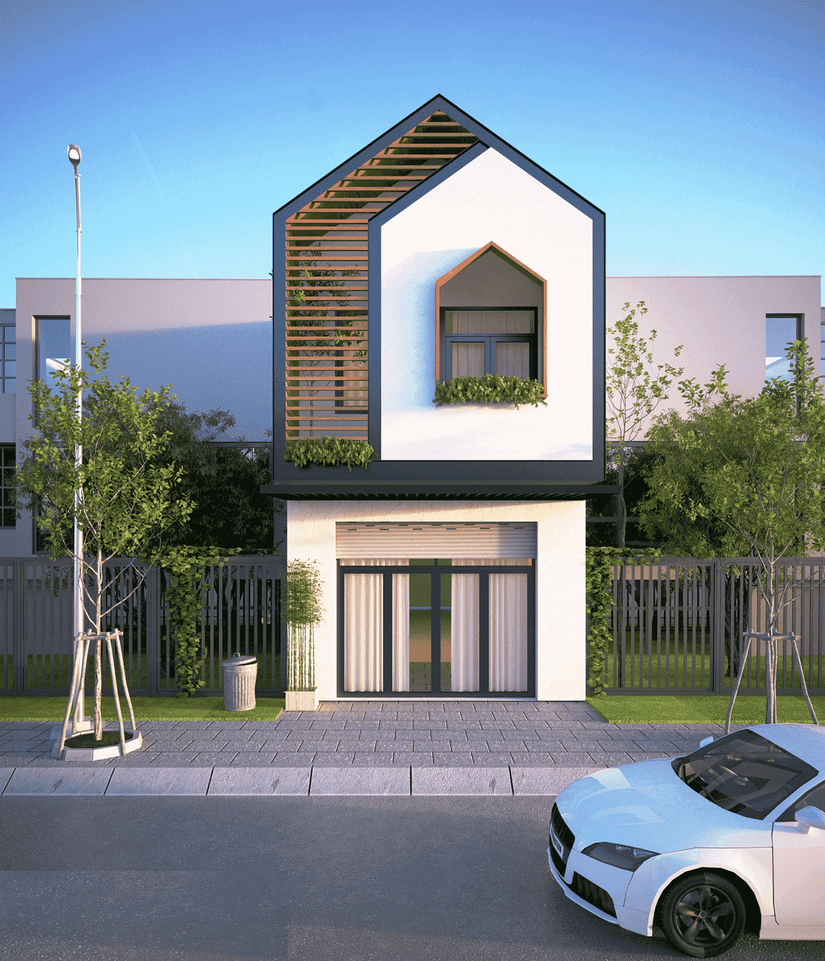 Mẫu nhà ống phong cách hiện đại với hệ thống cửa mở trượt đón ánh sáng. Tầng 2 được đổ khối đua rộng hơn so tầng 1, tạo khối hình tam giác lạ mắt nhưng thanh thoát. Ảnh: Trananhgroup.