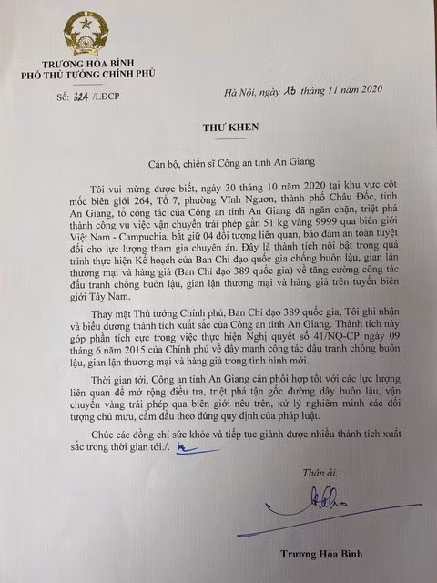 Pho Thu tuong Truong Hoa Binh gui thu khen vu bat 51kg vang buon lau