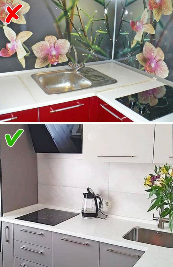 Những bông hoa khổng lồ, trái cây, hạt cà phê, động vật dưới nước, cảnh quan thành phố về đêm khiến nhà bếp trông kém sang. Tốt hơn hết, hãy chọn loại kính mờ để tạo điểm nhấn hút mắt.