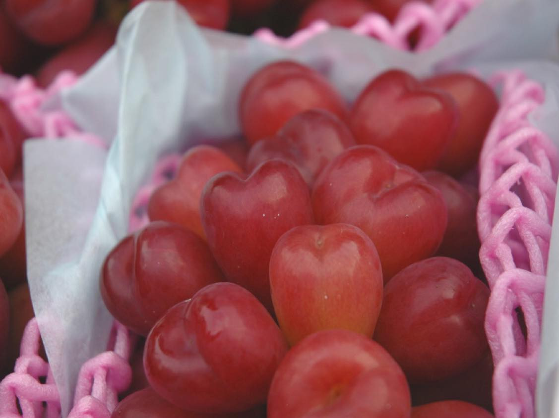 Những quả nho có hình trái tim rất đặc biệt, màu đỏ tươi, vỏ mềm nhưng ăn lại rất giòn. Ảnh: Mia Fruits