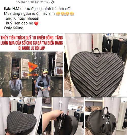 Theo đó, chiếc balo hình trái tim ca sĩ Thủy Tiên đeo trong suốt hành trình từ thiện ở miền Trung trở thành sản phầm được săn lùng trên chợ mạng.