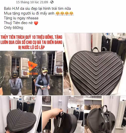 Theo đó, chiếc balo hình trái tim ca sĩ Thủy Tiên đeo trong suốt hành trình từ thiện ở miền Trung trở thành sản phầm được săn lùng trên chợ mạng.