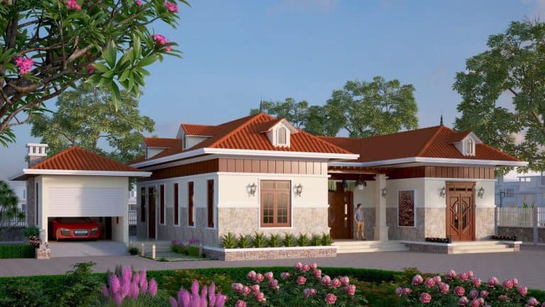 Ngôi nhà hình chữ U có mái ngói đỏ tươi, không gian sân vườn rộng rãi. Ảnh: Noithatduongdai.