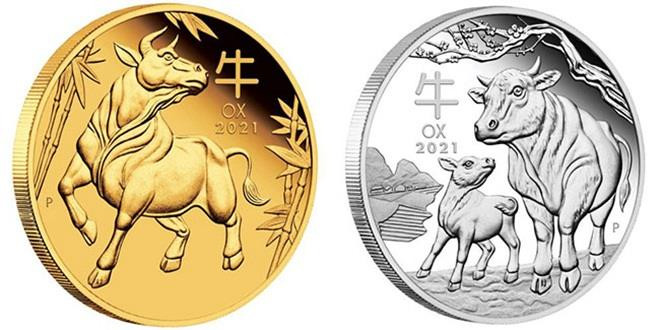 Cặp tiền xu con trâu vàng và bạc đươc đựng trong hộp nhung đỏ sang trọng cũng đang được rao bán với giá 200.000 đồng/cặp. Ảnh: Muabantien