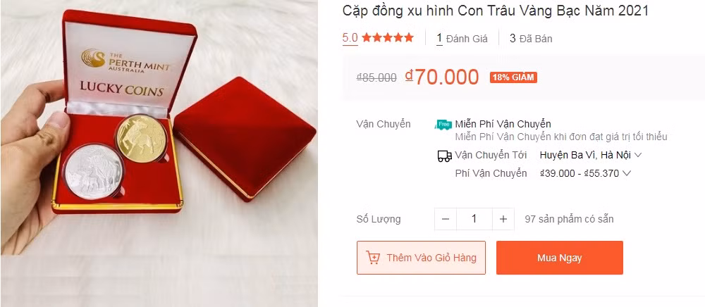 Trên một trang thương mại điện tử, cặp đồng xu hình trâu vàng bạc 2021 được rao bán với giá 70.000 đồng. Ảnh chụp màn hình