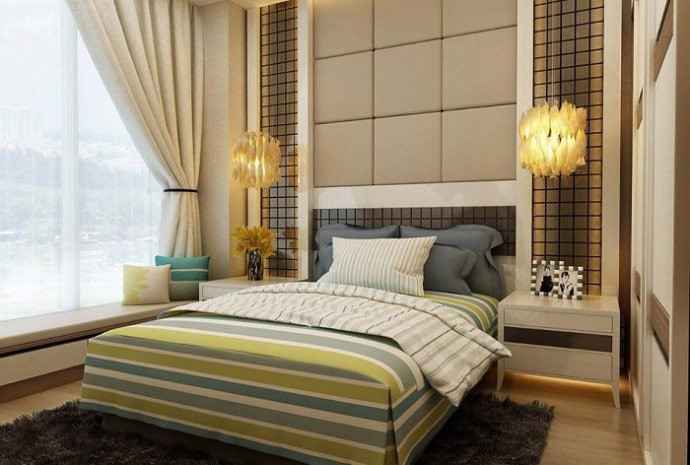 Phòng ngủ sang trọng với màu xám, trắng, xanh ấm áp.