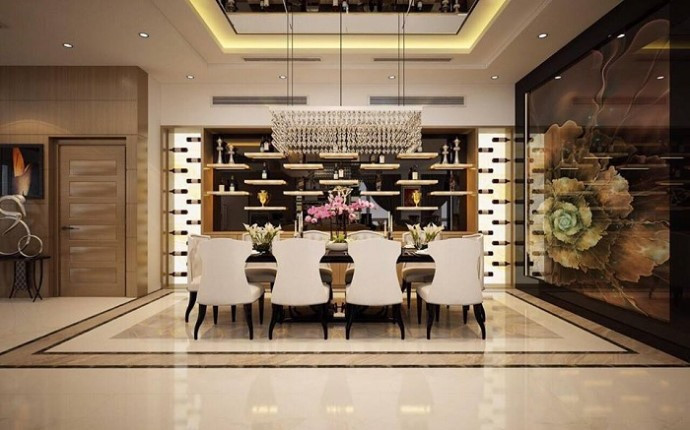 Phòng ăn sử dụng gam màu ấm gồm 8 ghế và một bàn lớn.