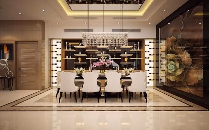 Phòng ăn sử dụng gam màu ấm gồm 8 ghế và một bàn lớn.