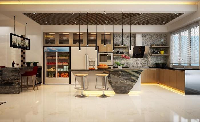 Nhà bếp hiện đại được thiết kế và bài trí rất tỉ mỉ với đầy đủ các vật dụng cần thiết.