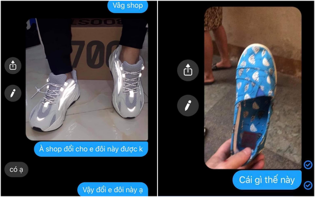 Đặt hàng online là sneaker phản quang cool ngầu, nhưng chủ shop gửi luôn một đôi giày lười cute màu xanh. Ảnh: Trần Đức Nguyên