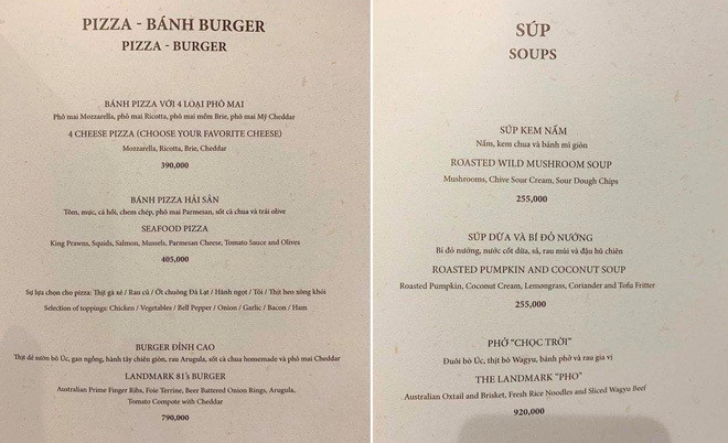 Năm 2019, thực đơn của một nhà hàng trong tòa nhà Landmark81 (TP HCM) từng gây xôn xao dư luận với món phở "chọc trời" có giá lên tới 920.000 một bát, đắt gấp cả chục lần so với phở bình dân trên thị trường. Ảnh: Báo dân sinh.