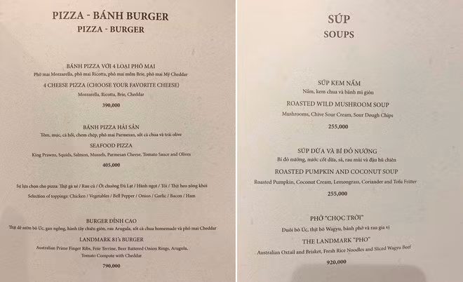 Năm 2019, thực đơn của một nhà hàng trong tòa nhà Landmark81 (TP HCM) từng gây xôn xao dư luận với món phở "chọc trời" có giá lên tới 920.000 một bát, đắt gấp cả chục lần so với phở bình dân trên thị trường. Ảnh: Báo dân sinh.