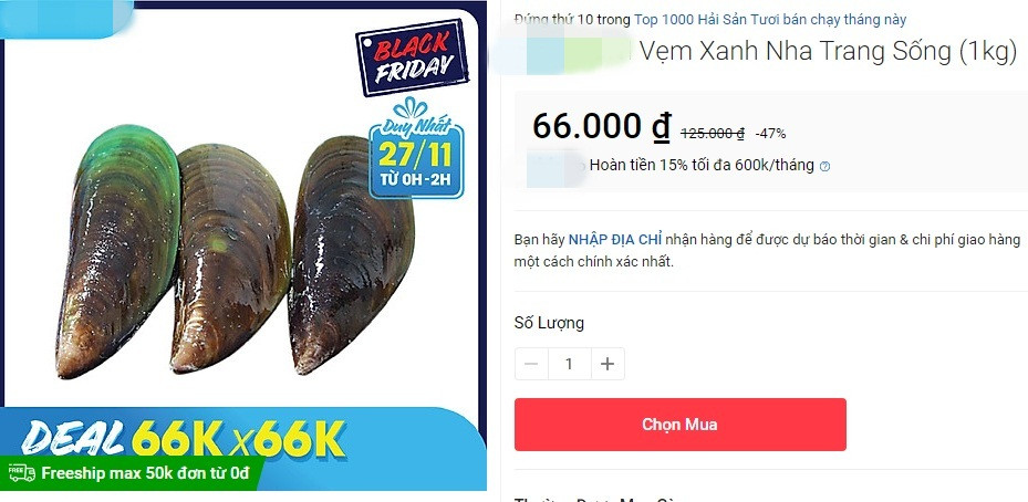 Vẹm xanh Nha Trang vốn có giá 125.000 đồng/kg nay được một cửa hàng rao bán với giá rẻ tới 47%, còn 66.000 đồng/kg.