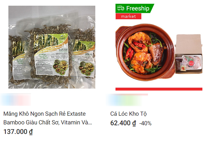 Một số thực phẩm chế biến sẵn như cá kho tộ, canh khoai sọ, canh bầu nấu tôm..."câu khách" bằng chương trình miễn phí ship tận nơi và chấp nhận 1 đổi 1 tận nhà.