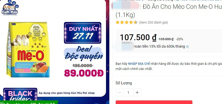 Thậm chí, đồ ăn cho mèo con cũng là mặt hàng được giảm giá trên sàn thương mại điện tử nhân dịp Black Friday. Nguồn ảnh: Chụp màn hình.