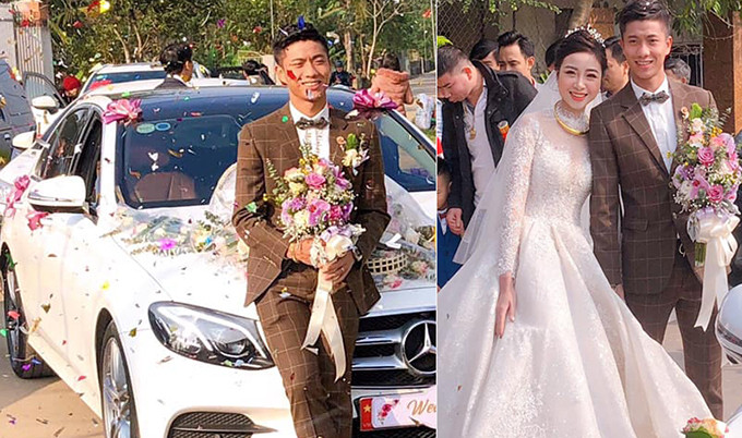 Ngày 30/1/2020, cầu thủ Phan Văn Đức tổ chức đám cưới với bạn gái Võ Nhật Linh ở quê nhà Nghệ An. Chàng tiền vệ ngồi trên chiếc Mercedes màu trắng có giá gần 3 tỷ đồng tới nhà cô dâu Võ Nhật Linh. Ảnh: Vnexpress.