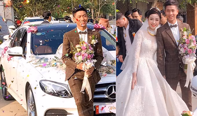 Ngày 30/1/2020, cầu thủ Phan Văn Đức tổ chức đám cưới với bạn gái Võ Nhật Linh ở quê nhà Nghệ An. Chàng tiền vệ ngồi trên chiếc Mercedes màu trắng có giá gần 3 tỷ đồng tới nhà cô dâu Võ Nhật Linh. Ảnh: Vnexpress.