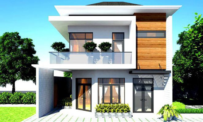 Một mẫu thiết kế nhà ống khác được ưa chuộng là nhà ống 2 tầng kết hợp dạng biệt thự mini mái thái đổ ra giúp nhà thêm cân đối và sang trọng. Ảnh: Kiengiahung.