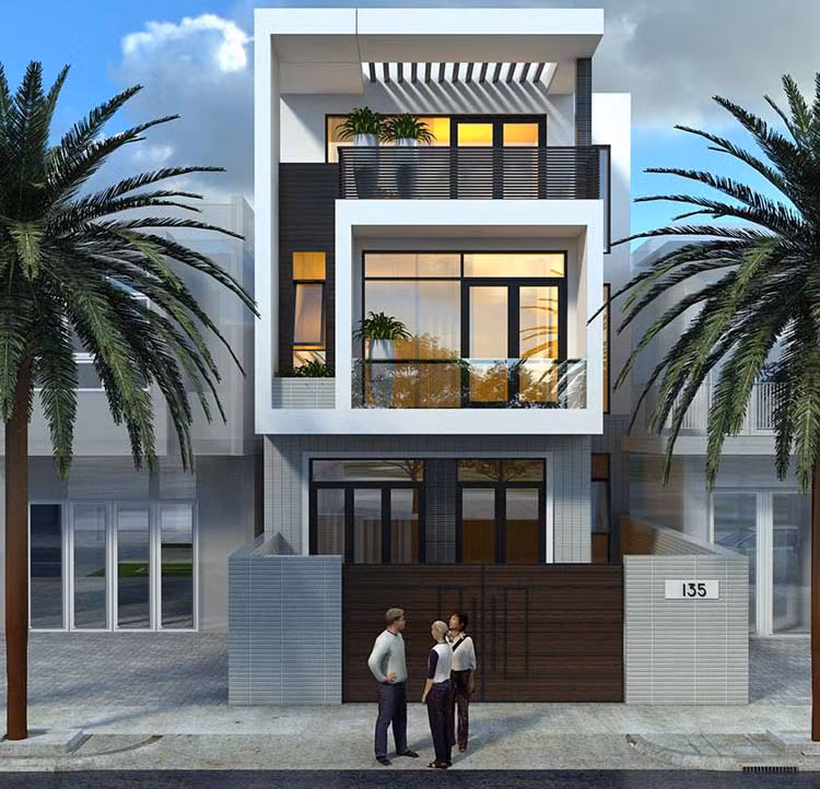 Nhà ống mái bằng, mặt tiền rộng 4m thiết kế phong cách hiện đại rất phổ biến. Từ hình khối thiết kế cho đến màu sắc ngoại thất, tất cả đều đơn giản. Ảnh: Ktshanoi.