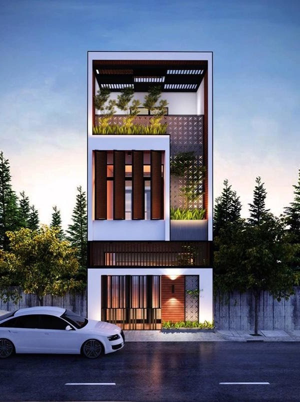 Nhà 3 tầng hình ống với thiết kế vườn treo dạng chữ L ngược thu hút gia chủ yêu thích sự phá cách. Ảnh: Internet.