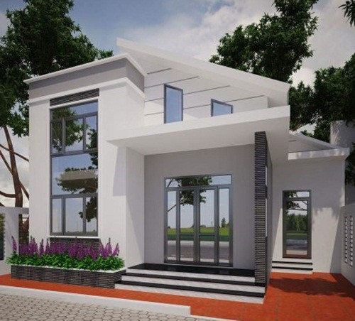 Nhà cấp 4 mái lệch có thiết kế gác lửng, có chỗ để xe đặt ở một bên nhà. Cửa phụ được mở thêm ở khu vực phòng bếp để sử dụng thuận tiện hơn. Ảnh: Thietkethicongnhadep.