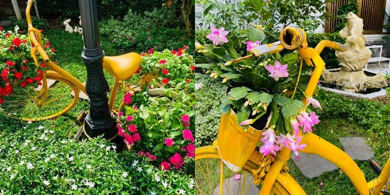 Phía trước căn biệt thự là khu vườn nhỏ xanh mướt mắt, trang trí cột đèn giống như ở công viên. Ảnh: FBNV.