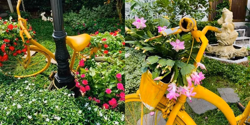 Phía trước căn biệt thự là khu vườn nhỏ xanh mướt mắt, trang trí cột đèn giống như ở công viên. Ảnh: FBNV.