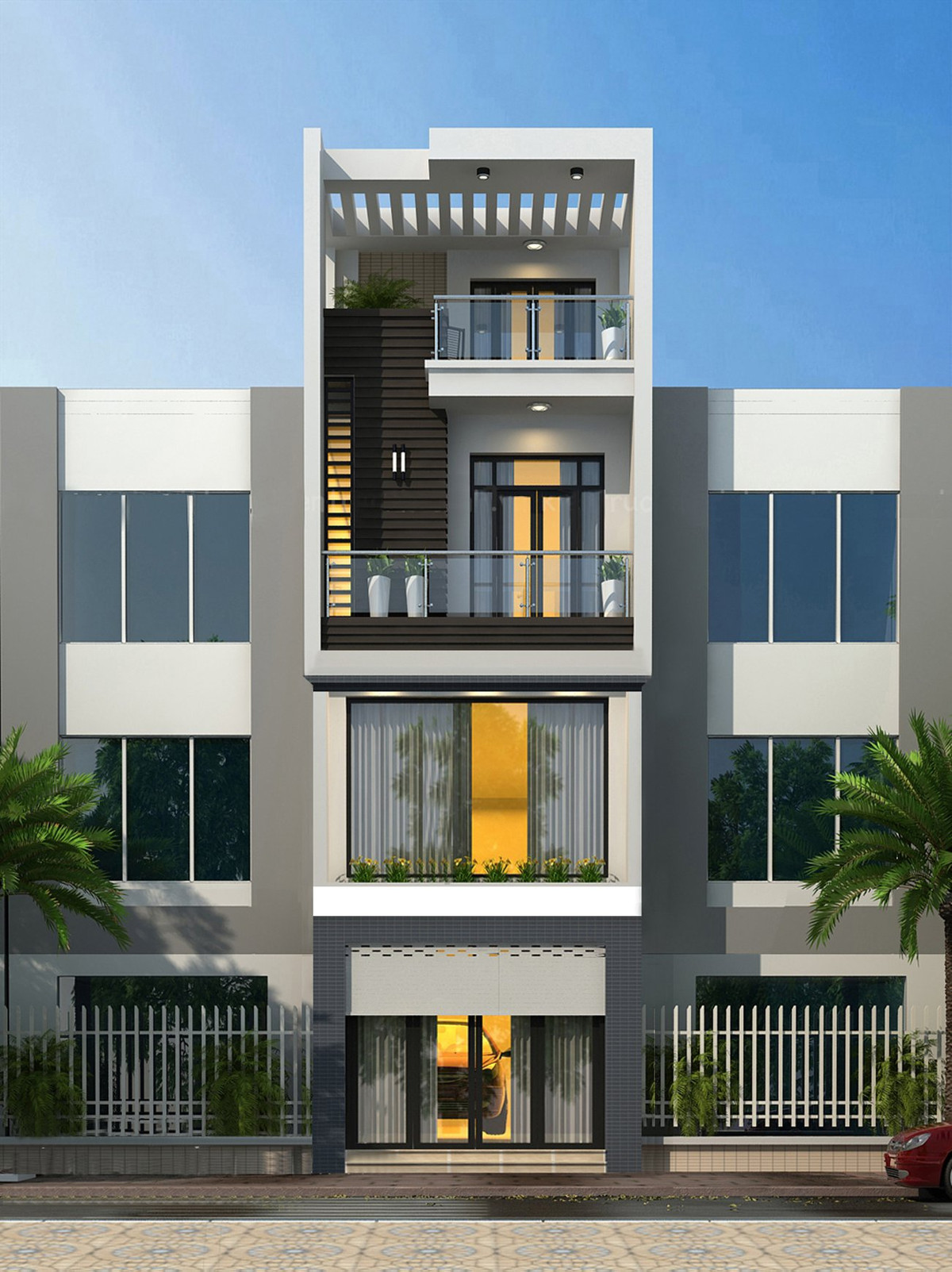 Từ hình khối thiết kế cho đến màu sắc ngoại thất ngôi nhà, tất cả đều đơn giản. Sử dụng màu be trắng sáng. Đây là mẫu nhà phố hiện đại và khoa học. Ảnh: Dhahome.