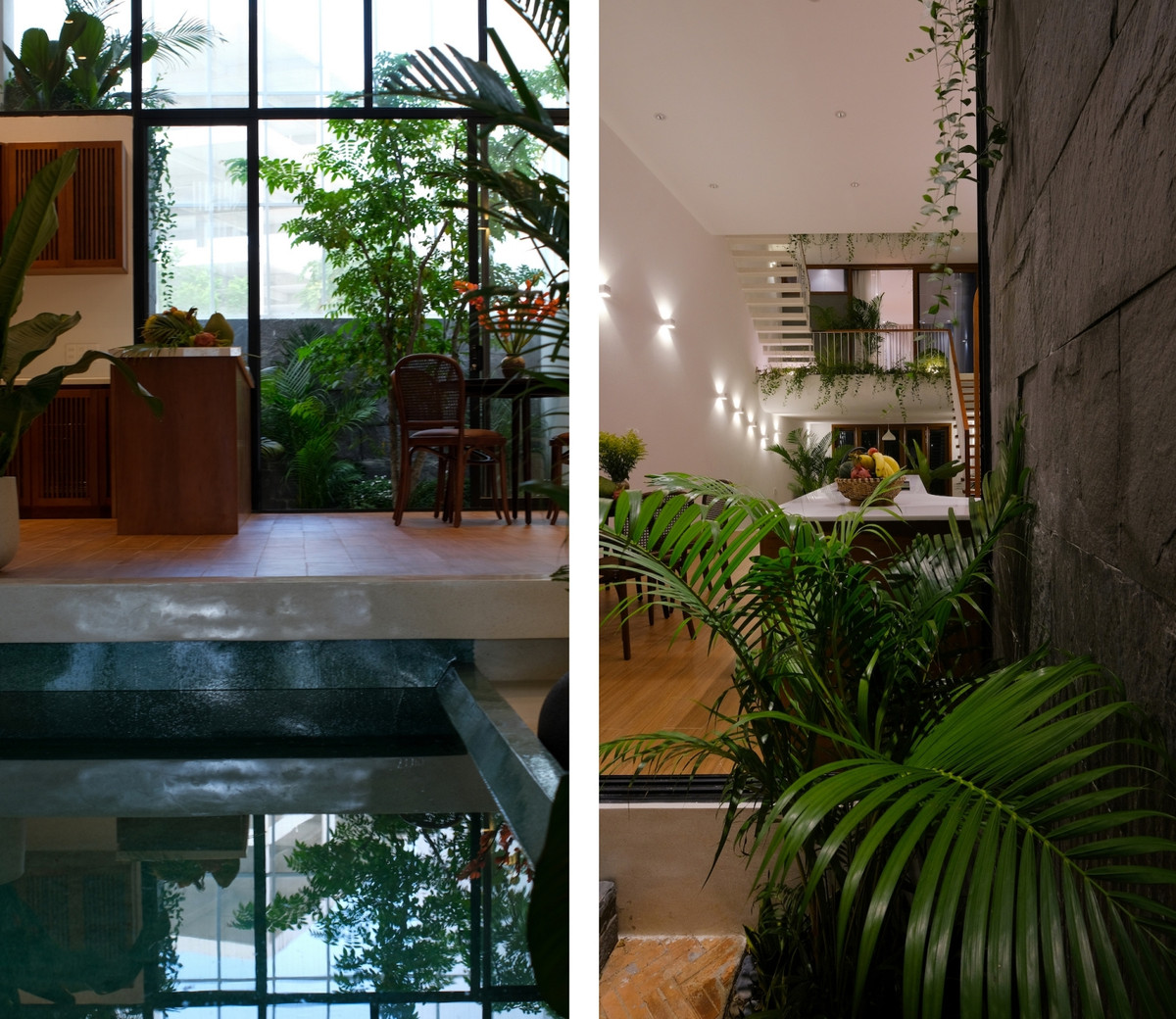 Để phân chia không gian, sàn nhà được chia thành các độ cao khác nhau.