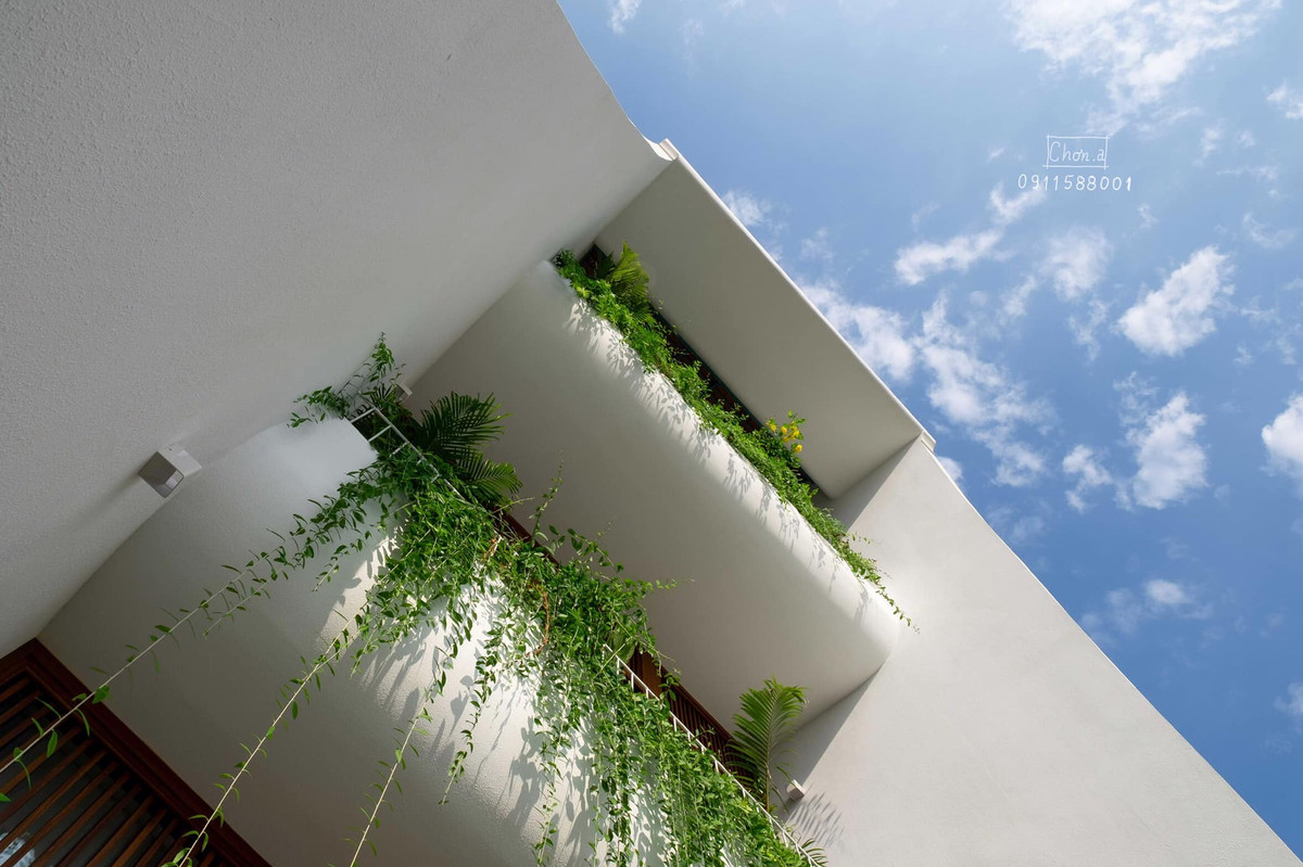 Mỗi ban công đều là khu vực trồng cây nên chúng được ví như những mảnh vườn bậc thang bên ngoài nhà. Lớp cây xanh này góp phần bảo vệ công trình khỏi tiếng ồn, bụi bặm.