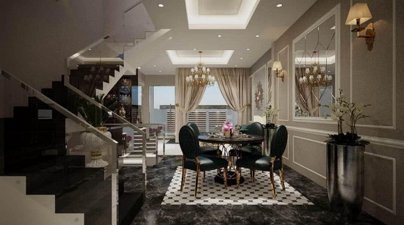 Cầu thang với lan can kính hiện đại.