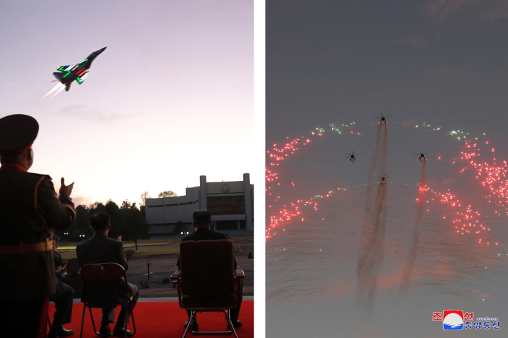 Màn trình diễn đầy sắc màu của Không quân Triều Tiên với các loại chiến đấu cơ, trực thăng và pháo hoa trên nền trời sẩm tối.