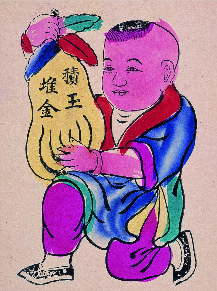 Bên cạnh đó, tranh chúc tụng năm mới được trình bày bằng những câu ngắn gọn xung quanh việc cầu chúc giàu sang, lợi lộc. Trong ảnh là tranh đứa bé ôm trái bầu với dòng chữ “Tích ngọc đôi kim” (vàng ngọc chất đống).