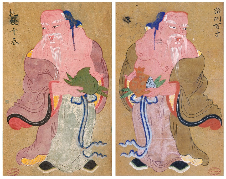 Bên cạnh loại tranh chúc tụng thể hiện bằng câu chữ trực tiếp, còn có loại tranh cầu chúc năm mới chứa đầy ẩn ý được minh họa qua hình ảnh hoa, quả, động vật, đồ vật và con người. Để hiểu được ý nghĩa của loại tranh này cần phải biết đến tính ước lệ và biểu trưng của chúng. Ví dụ, chim công là biểu tượng của hòa bình và phồn vinh, chim hạc và rùa biểu trưng cho sự trường thọ, tranh lợn biểu tượng cho sự phồn thịnh… Ở tranh bên trái, hình ảnh quả đào tượng trưng cho sự trường thọ; quả lựu nhiều hạt tượng trưng cho ước mong sinh sôi nảy nở, có nhiều con cháu.