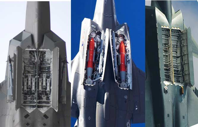Bên trong khoang vũ khí phụ cũng có thể mang theo được hai tên lửa không đối không PL-15. Tổng số tên lửa mà J-20 có thể mang theo tới giờ đã lên tới 10 quả. Ảnh: So sánh khoang vũ khí của J-20, F-35 và F-22 (từ trái qua).