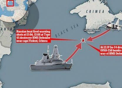 Sau đó tàu tuần tra biên giới Nga đã bắn ngăn chặn, cường kích Su-24M thực hiện "ném bom cảnh báo" về hướng tàu khu trục HMS Defender và buộc con tàu phải thay đổi hướng đi.