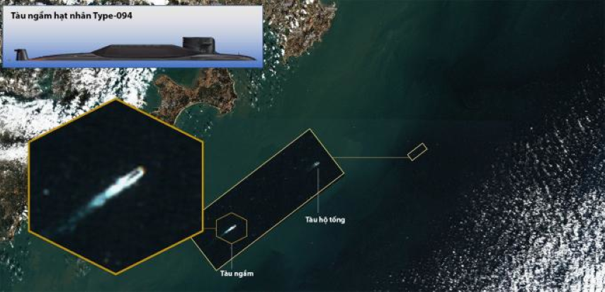Ảnh vệ tinh chụp ngày 29/11 được chuyên gia H.I. Sutton của Viện Hải quân Mỹ (USNI) công bố cho thấy một tàu ngầm mang tên lửa đạn đạo của Trung Quốc đi nổi qua eo biển Đài Loan cùng một tàu hộ tống khác.