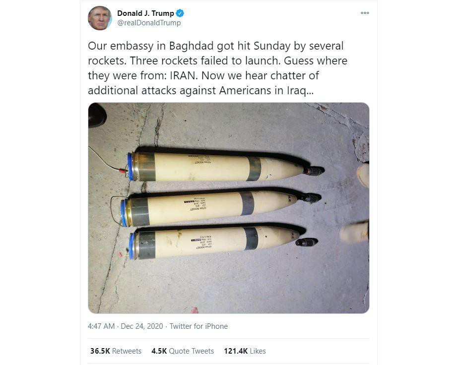 "Bây giờ chúng ta lại nghe thấy có thêm vụ tấn công nhằm vào người Mỹ ở Iraq. Đây là một số lời khuyên cho Iran: nếu một người Mỹ bị giết, tôi sẽ bắt Iran phải chịu trách nhiệm. Hãy nghĩ kỹ về điều này", ông viết trên Twitter.