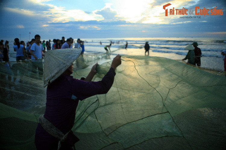 Người nữ ngư dân kéo mẻ lưới buổi sáng sớm ở bờ biển của thành phố Sầm Sơn, tỉnh Thanh Hóa.