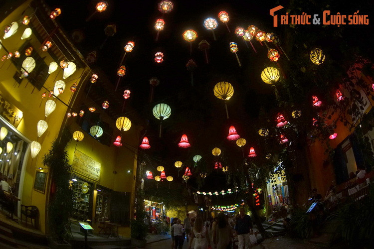 Ánh đèn lồng muôn màu trên con phố buổi tối.