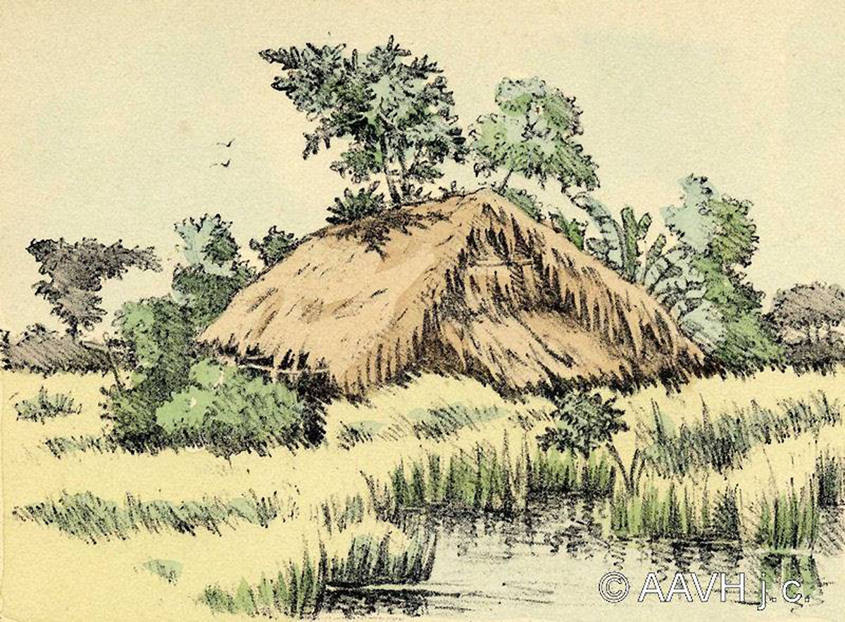 Căn nhà lợp bằng lá dừa nước ở vùng nông thôn Nam Bộ năm 1935. Ảnh: Parismuseescollections.paris.fr.