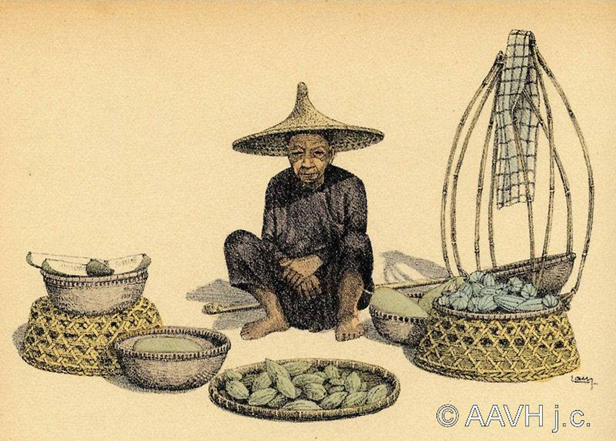 Cụ bà bán trái bông gòn.