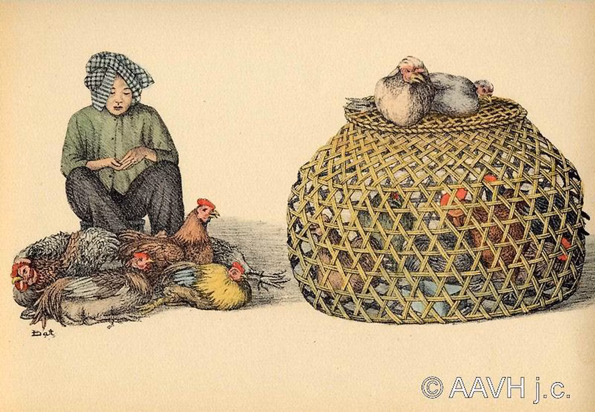 Người bán gà trong một khu chợ ở Nam Bộ năm 1935. Ảnh: Parismuseescollections.paris.fr.