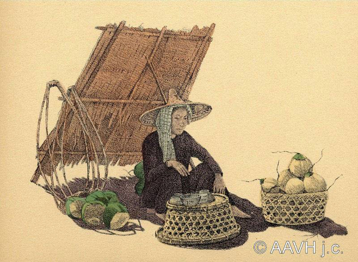 Người bán dừa ngồi dưới tấm phên che nắng.