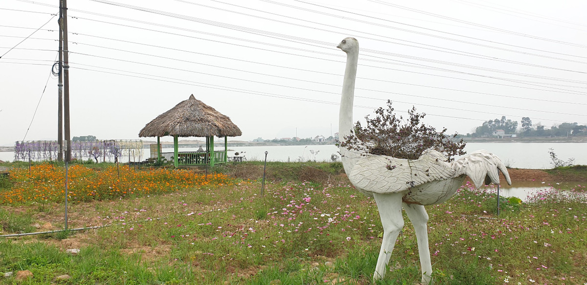 Tượng các con vật và chòi nghỉ được dựng tại bãi đất ven hồ Yên Dưỡng.