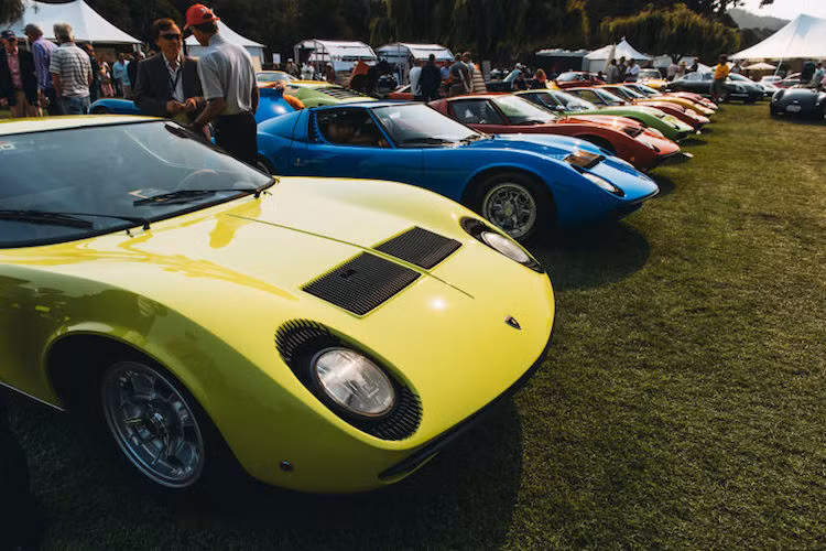 Dàn siêu xe Lamborghini Miura "xếp lốp" tại The Quail. Năm nay cũng là năm Lamborghini kỷ niệm sinh nhật lần thứ 50 của Miura - mẫu xe được coi là "ông tổ" của siêu xe hiện đại.