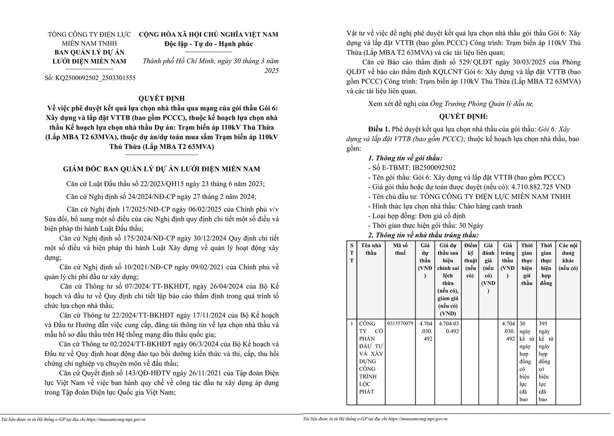 Dien luc mien Nam: Cty Loc Phat trung goi xay tram 110kV Thu Thua