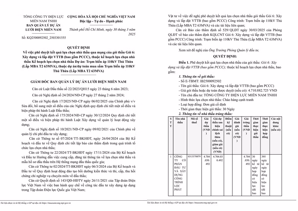 Điện lực miền Nam: Cty Lộc Phát trúng gói xây trạm 110kV Thủ Thừa Dien luc mien Nam: Cty Loc Phat trung goi xay tram 110kV Thu Thua