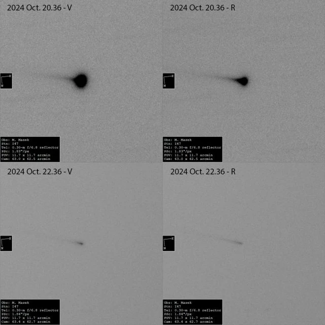 Các nhà thiên văn học suy đoán rằng sao chổi C/2024 S1 đã trải qua quá trình tan rã hạt nhân. Sự kiện này không hoàn toàn bất ngờ, vì trước đây Trái Đất đã từng chứng kiến sao chổi tan vỡ ngay trước mắt. Ví dụ, năm 2020, sao chổi C/2019 Y4 cũng từng vỡ tan thành từng mảnh khi đến gần Mặt Trời.(Ảnh: Martin Mašek)