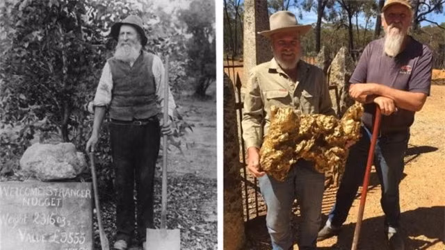 Cục vàng nặng 72 kg và dài 61 cm, tương đương trọng lượng của một người đàn ông trưởng thành. Khi mang đến thị trấn Dunolly để cân, cục vàng quá lớn để vừa cân nên bị vỡ ra trước khi chụp ảnh. (Ảnh: DNVN)